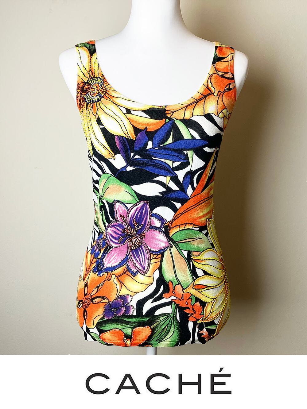 Vintage Caché Tropical Floral Zebra Print Beaded Tank Top - Size Small EUC